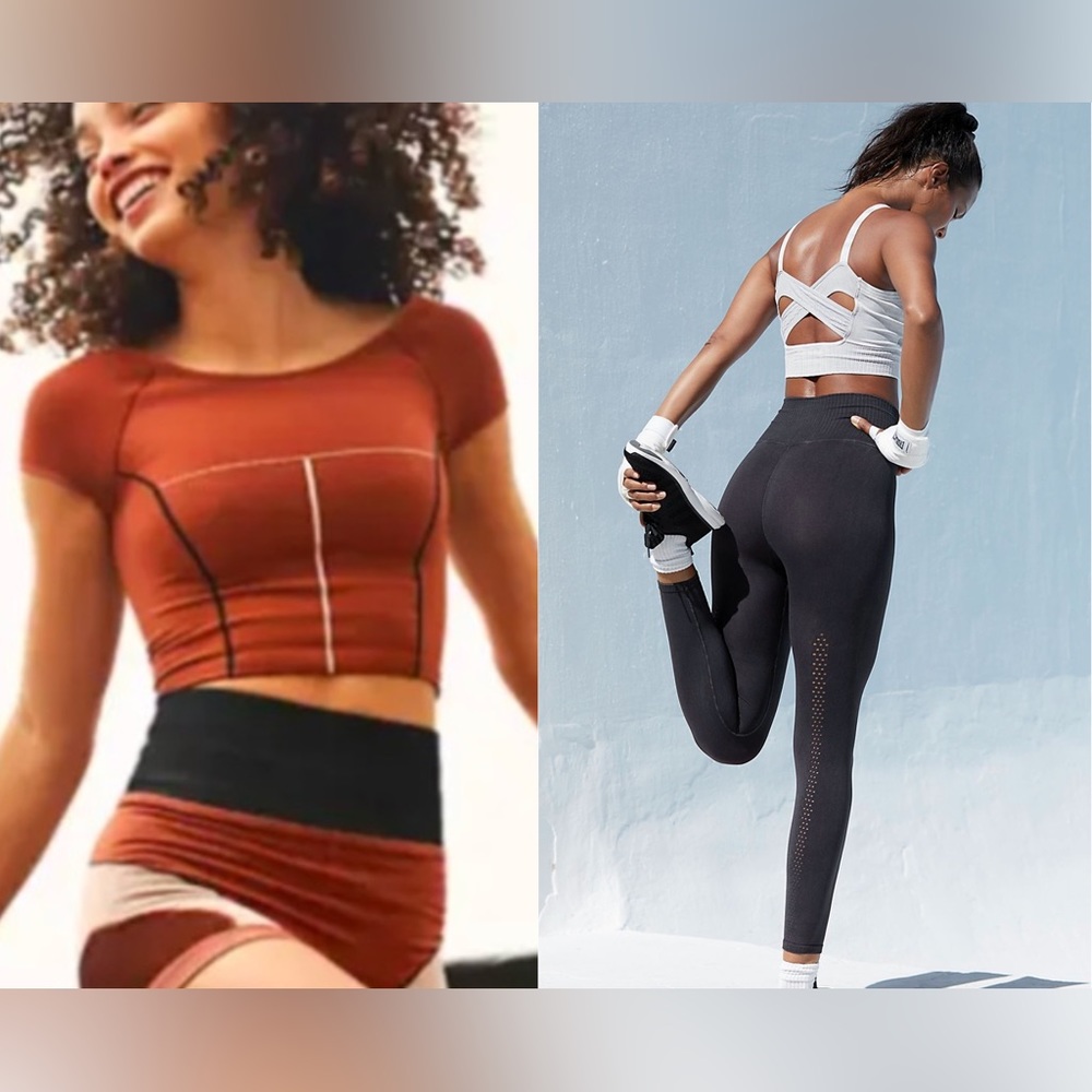 Free People Movement Point Break Crop Top Tan Combo & GK Leggings XS/S NEW